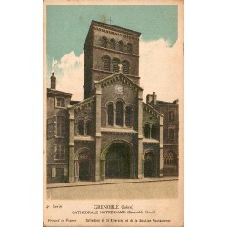 Carte postale ancienne en couleurs de la cathédrale Notre-Dame de Grenoble avec notice historique au verso