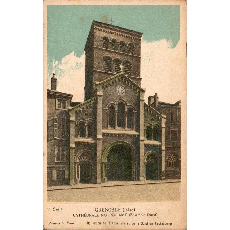 Carte postale ancienne en couleurs de la cathédrale Notre-Dame de Grenoble avec notice historique au verso
