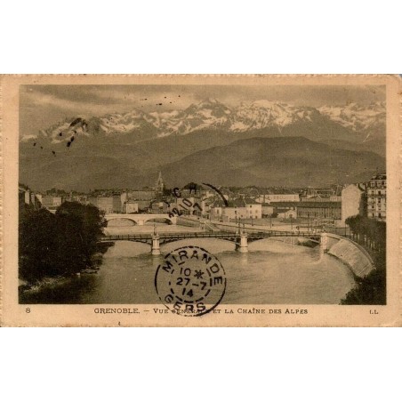 Carte postale ancienne de Grenoble avec vue générale sur la ville et la chaîne des Alpes, voyagée en juillet 1914