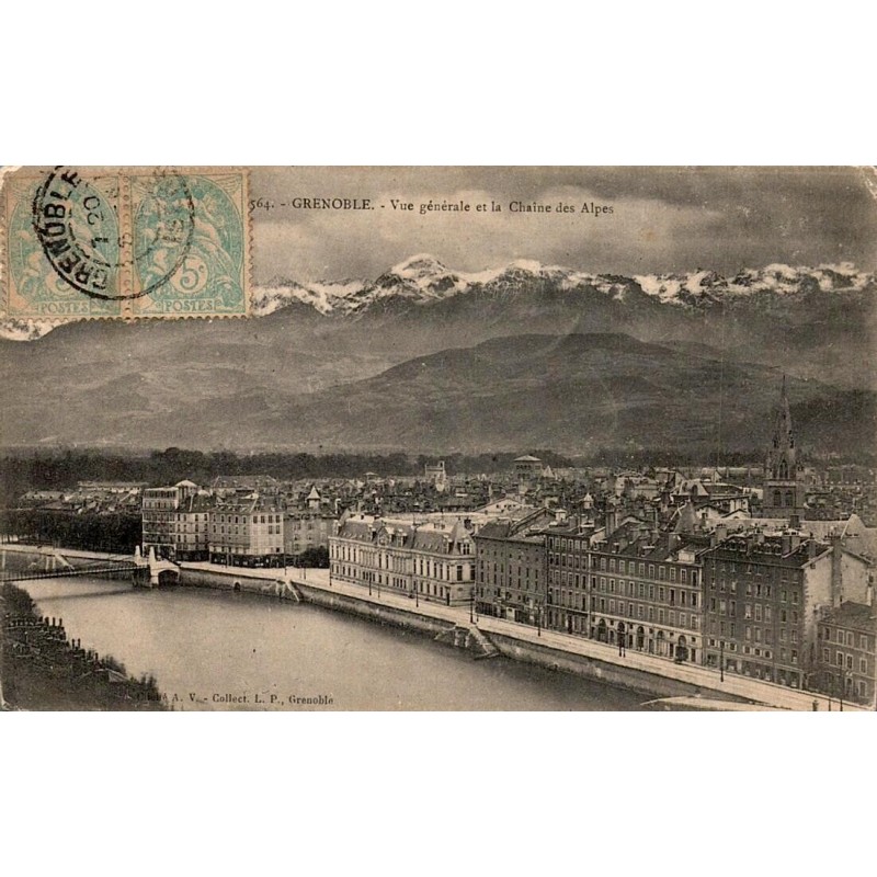 Carte postale ancienne de Grenoble avec vue générale sur la ville et la chaîne des Alpes, voyagée en 1905