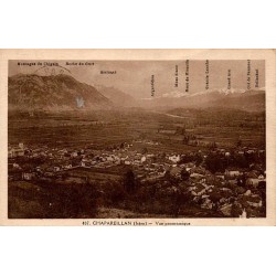 Carte postale ancienne de Chapareillan avec vue panoramique et identification des sommets alpins.