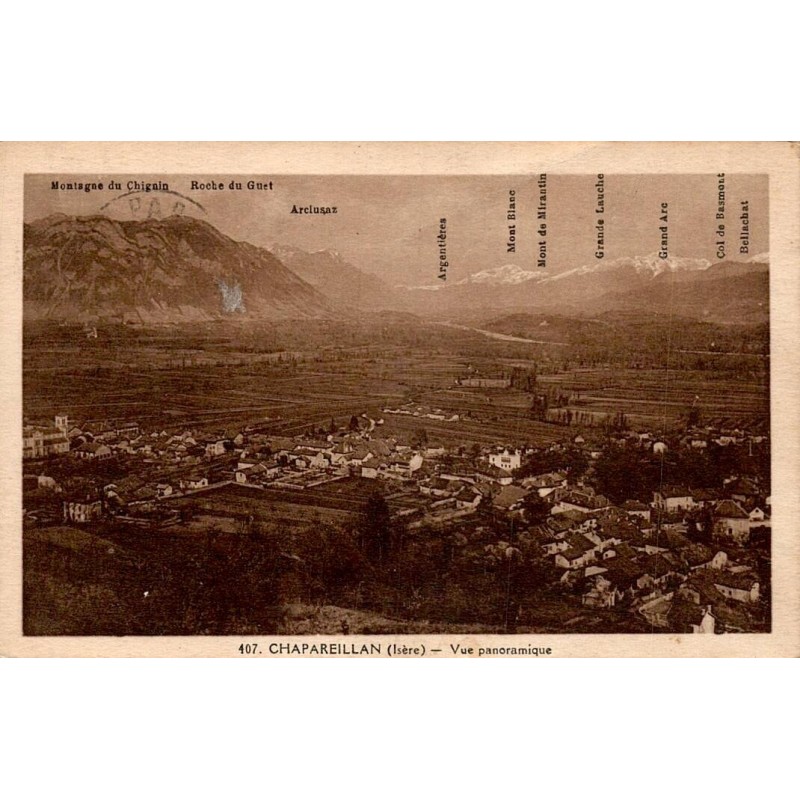 Carte postale ancienne de Chapareillan avec vue panoramique et identification des sommets alpins.