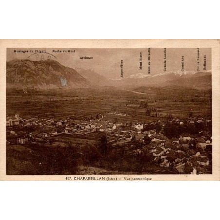 Carte postale ancienne de Chapareillan avec vue panoramique et identification des sommets alpins.