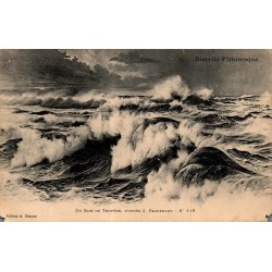 Carte postale ancienne de Biarritz illustrant un soir de tempête d'après J. Paguenaud, carte voyagée de 1909.