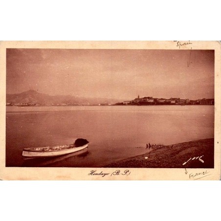Carte postale ancienne d'Hendaye avec vue sur Fontarabie, la baie de Txingudi et le pic de la Haya.