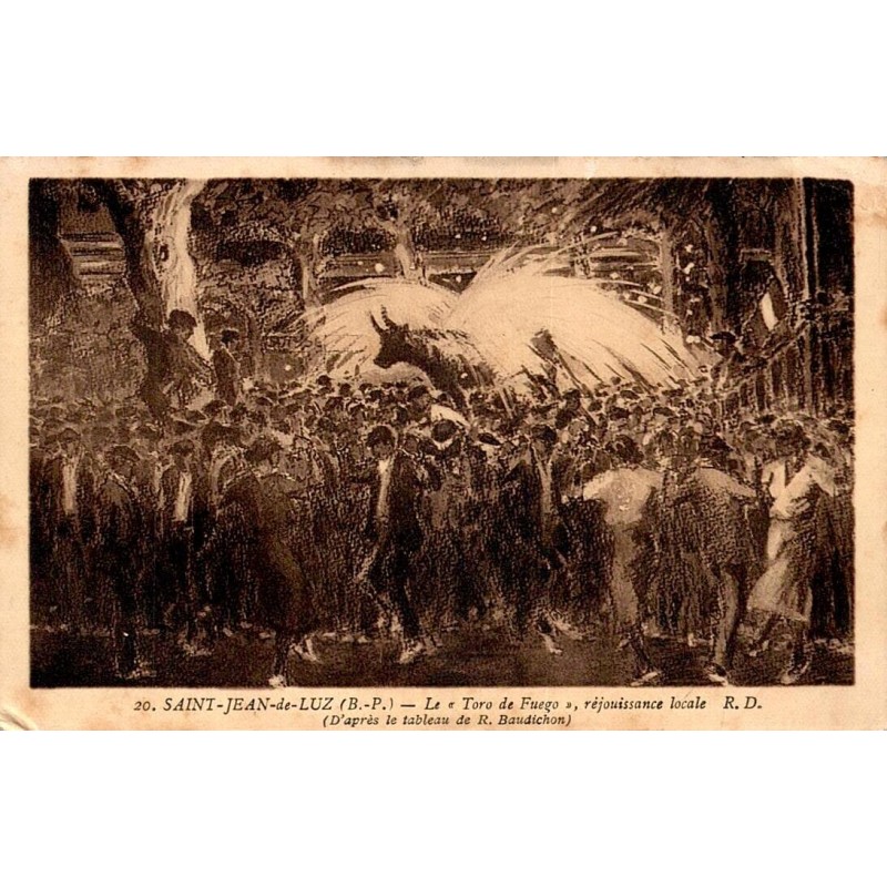 Carte postale ancienne de Saint-Jean-de-Luz représentant le Toro de Fuego lors d'une fête traditionnelle basque.
