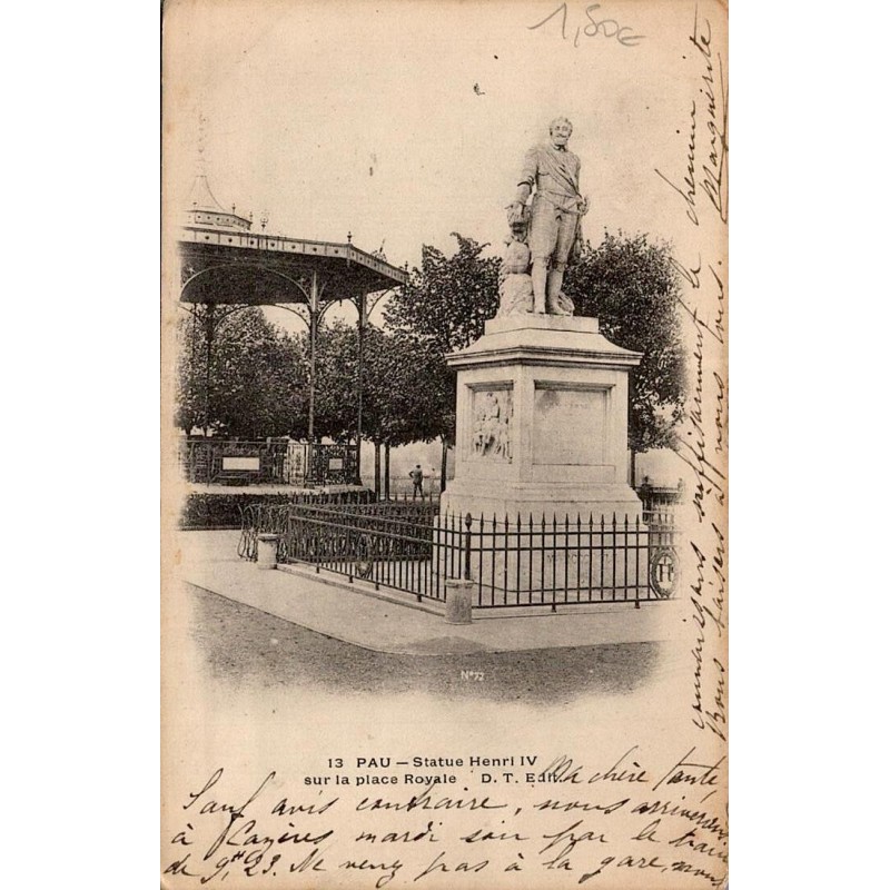 Carte postale ancienne de Pau montrant la statue d'Henri IV sur la place Royale au début du XXᵉ siècle.