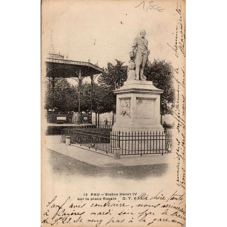 Carte postale ancienne de Pau montrant la statue d'Henri IV sur la place Royale au début du XXᵉ siècle.