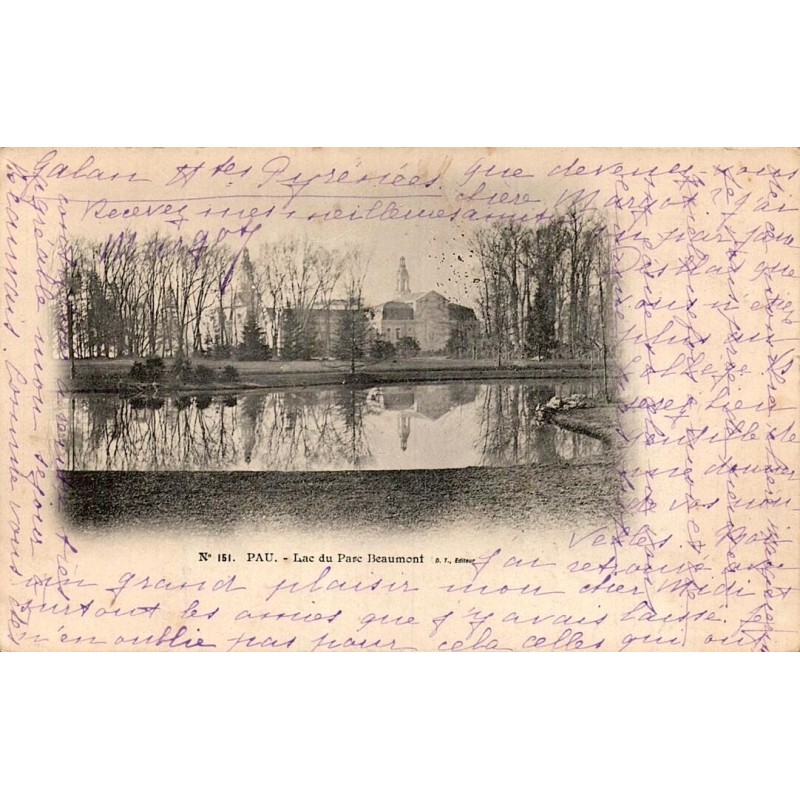 Carte postale ancienne de Pau montrant le lac du parc Beaumont et le Palais Beaumont en 1903.