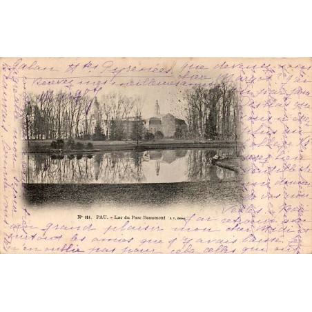 Carte postale ancienne de Pau montrant le lac du parc Beaumont et le Palais Beaumont en 1903.