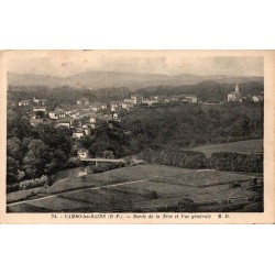 Carte postale ancienne de Cambo-les-Bains montrant les bords de la Nive et une vue générale du village.
