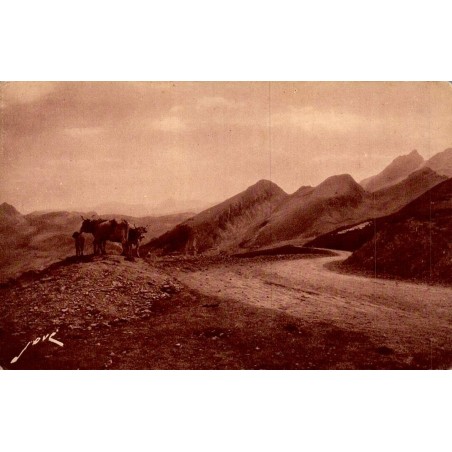 Carte postale ancienne du col d'Aubisque montrant la Route Thermale et la descente vers Argelès avec des bovins.