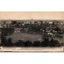 Carte postale ancienne de Pau montrant un panorama de la ville depuis Guindalos, avec correspondance manuscrite de 1928.