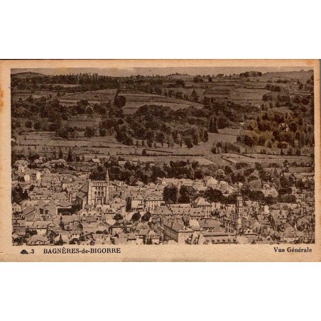 Carte postale ancienne de Bagnères-de-Bigorre montrant une vue générale panoramique de la ville.