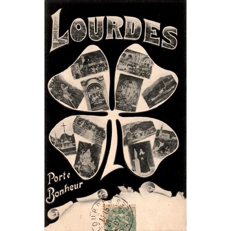 Carte postale ancienne de Lourdes en forme de trèfle porte-bonheur avec vues multiples des sanctuaires.