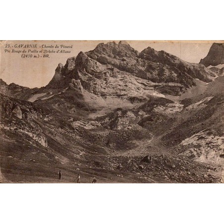 Carte postale ancienne de Gavarnie montrant le chemin du Piméné, le Pic Rouge du Pailla et la Brèche d'Allanz.