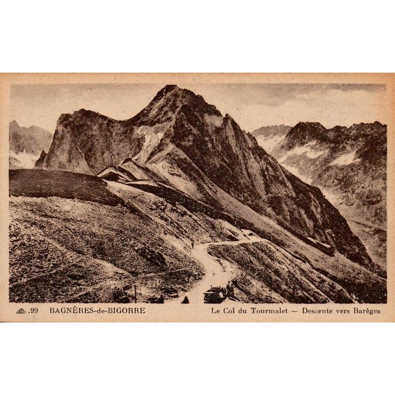 Carte postale ancienne du col du Tourmalet avec la descente vers Barèges dans les Hautes-Pyrénées.