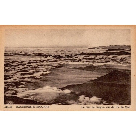Carte postale ancienne du Pic du Midi montrant une mer de nuages vue depuis le sommet.
