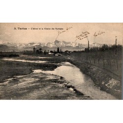 Carte postale ancienne de Tarbes montrant l'Adour et la chaîne des Pyrénées avec annotations manuscrites.
