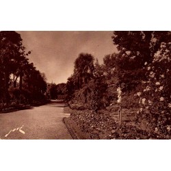 Carte postale ancienne de Tarbes montrant les allées fleuries du Jardin Massey et la statue de Saint-Christophe.