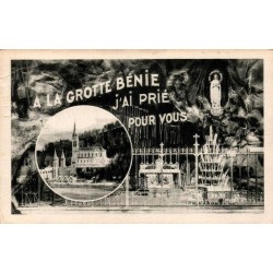 Carte postale ancienne de Lourdes montrant la grotte de Massabielle et la basilique avec message de pèlerinage.