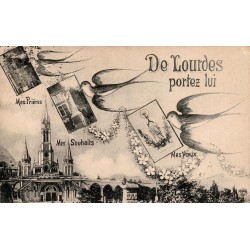 Carte postale ancienne illustrée de Lourdes avec colombes portant prières, souhaits et vœux, voyagée.