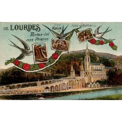 Carte postale ancienne colorisée de Lourdes avec hirondelles portant prières, vœux et souhaits au-dessus de la basilique.