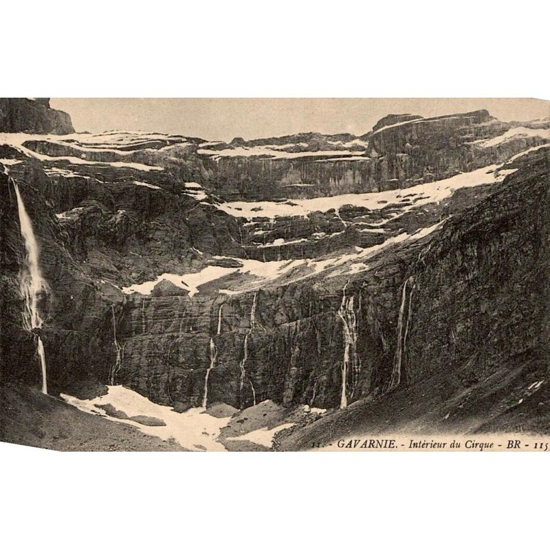 Carte postale ancienne du Cirque de Gavarnie montrant les cascades et les falaises, édition Bloc Frères.