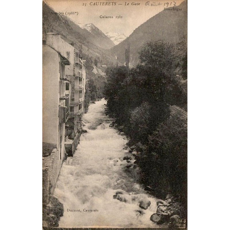 Carte postale ancienne de Cauterets montrant le Gave et les sommets pyrénéens, édition Ducassé.