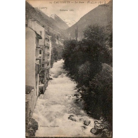 Carte postale ancienne de Cauterets montrant le Gave et les sommets pyrénéens, édition Ducassé.