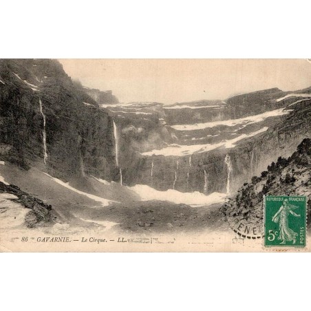 Carte postale ancienne du Cirque de Gavarnie avec ses cascades et son timbre Semeuse 5 centimes.