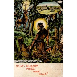 Carte illustrée ancienne représentant le Miracle de Saint-Hubert avec le cerf à la croix lumineuse.