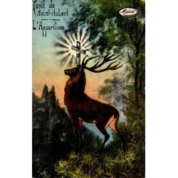 Carte illustrée ancienne montrant le cerf de Saint-Hubert portant un crucifix lumineux dans la forêt.