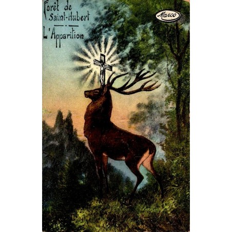 Carte illustrée ancienne montrant le cerf de Saint-Hubert portant un crucifix lumineux dans la forêt.