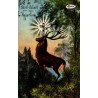 Carte illustrée ancienne montrant le cerf de Saint-Hubert portant un crucifix lumineux dans la forêt.
