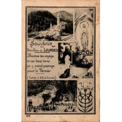 CPA souvenir de Notre-Dame de Lourdes avec montage illustré de la basilique, de la grotte et de Bernadette Soubirous.