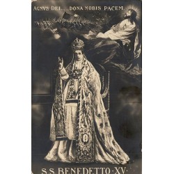 Carte postale ancienne représentant le pape Benoît XV avec la devise « Agnus Dei… Dona Nobis Pacem », datée de septembre 1914.
