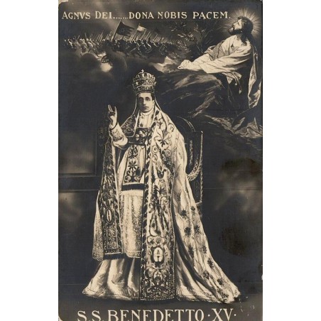 Carte postale ancienne représentant le pape Benoît XV avec la devise « Agnus Dei… Dona Nobis Pacem », datée de septembre 1914.