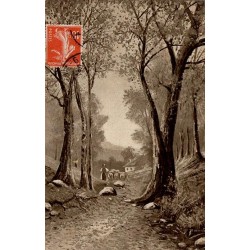 Carte postale ancienne Joyeuses Pâques représentant un paysage champêtre avec berger et troupeau.