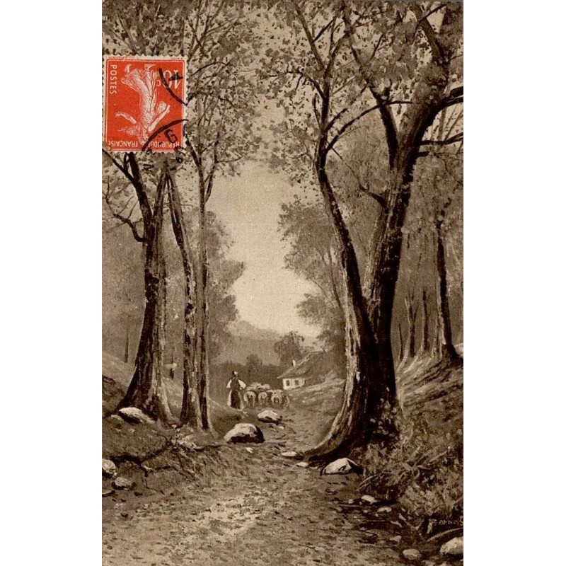 Carte postale ancienne Joyeuses Pâques représentant un paysage champêtre avec berger et troupeau.