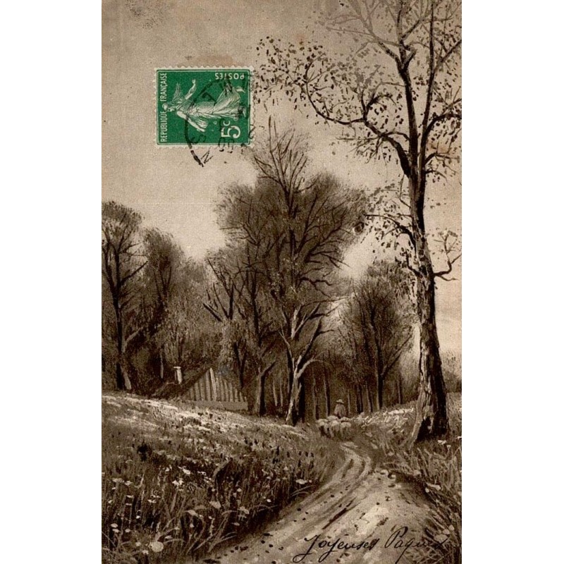 Carte postale ancienne représentant un berger conduisant un troupeau de moutons sur un chemin forestier.