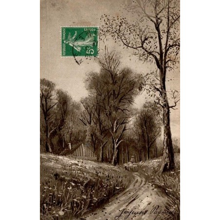 Carte postale ancienne représentant un berger conduisant un troupeau de moutons sur un chemin forestier.