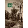 Carte postale ancienne représentant un berger conduisant un troupeau de moutons sur un chemin forestier.