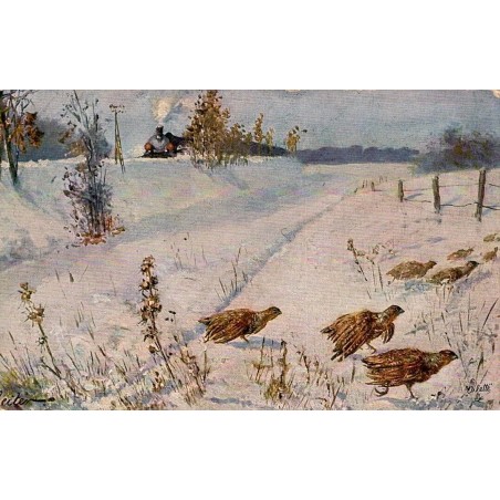 Carte postale ancienne Raphael Tuck Oilette illustrant des perdrix dans un paysage enneigé avec locomotive à vapeur.