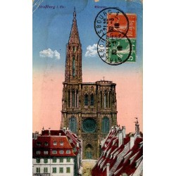 Carte postale ancienne colorisée de la cathédrale Notre-Dame de Strasbourg avec oblitération du 30 mars 1919.