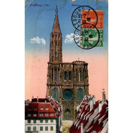 Carte postale ancienne colorisée de la cathédrale Notre-Dame de Strasbourg avec oblitération du 30 mars 1919.