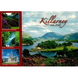 Carte postale moderne de Killarney en Irlande avec panorama des lacs, Muckross Gardens, Torc Waterfall et cathédrale.