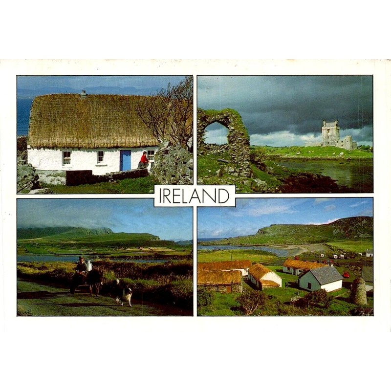 Carte postale moderne d'Irlande avec cottage au toit de chaume, château, village traditionnel et paysages ruraux.