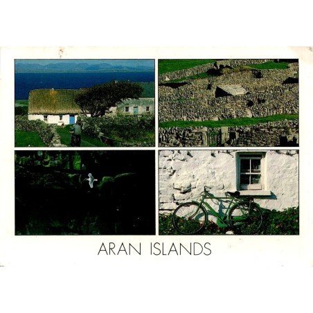 Carte postale moderne des îles d'Aran avec cottages, murets en pierre sèche et paysages traditionnels d'Irlande.