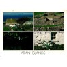 Carte postale moderne des îles d'Aran avec cottages, murets en pierre sèche et paysages traditionnels d'Irlande.